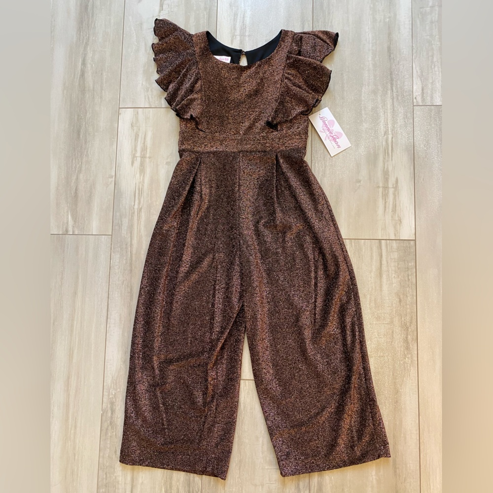 NWT Bonnie Jean Flutter Ruffle Sleeve Copper Brown Sparkle Jumpsuit, girls 8